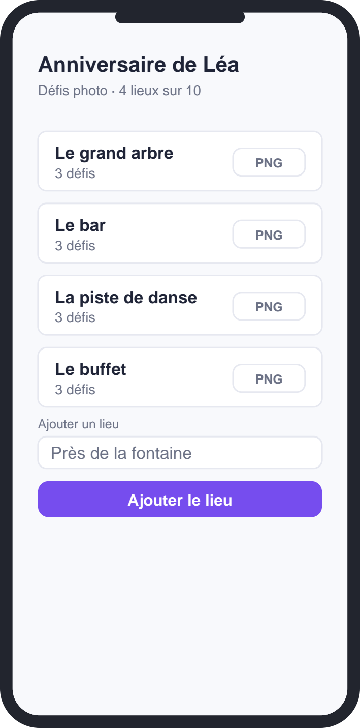 La console : la liste des lieux, leurs défis et le bouton d'ajout