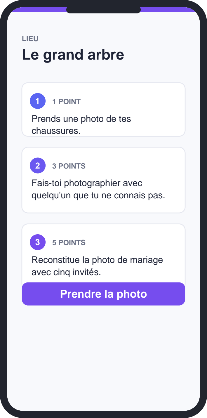L'écran d'un lieu avec ses trois défis, un par niveau