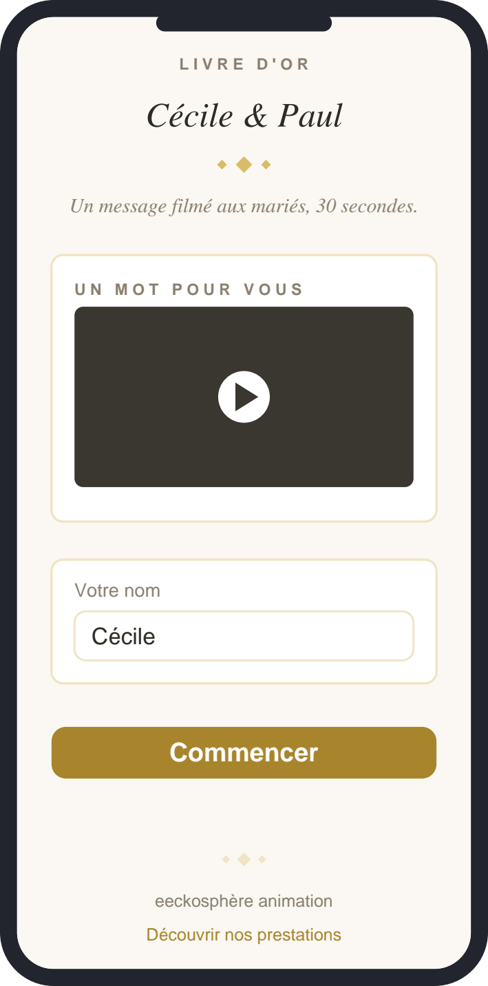 L'écran d'accueil du livre d'or, avec le mot des mariés et le champ du prénom