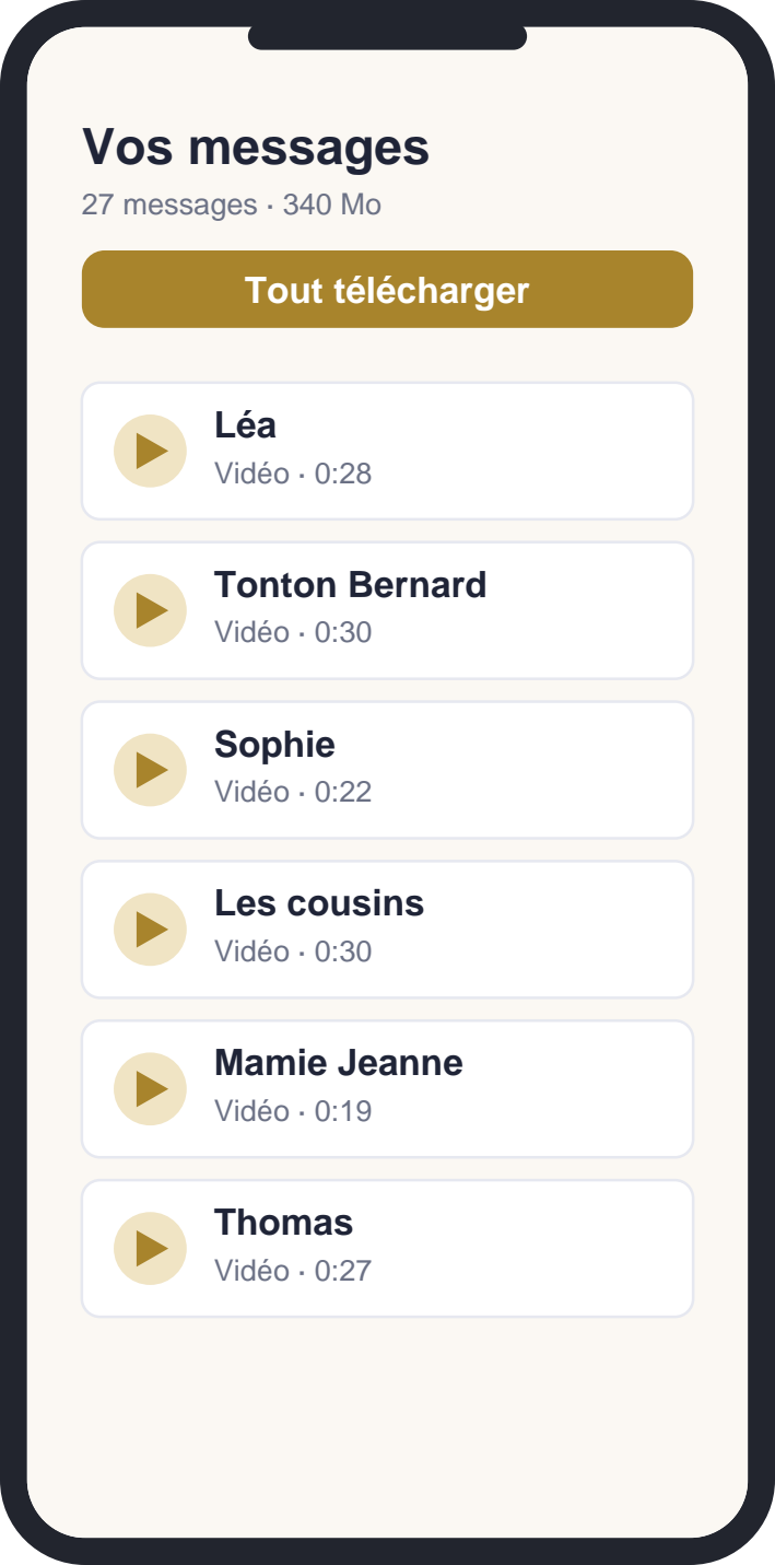 L'écran « Vos messages » avec la liste des enregistrements