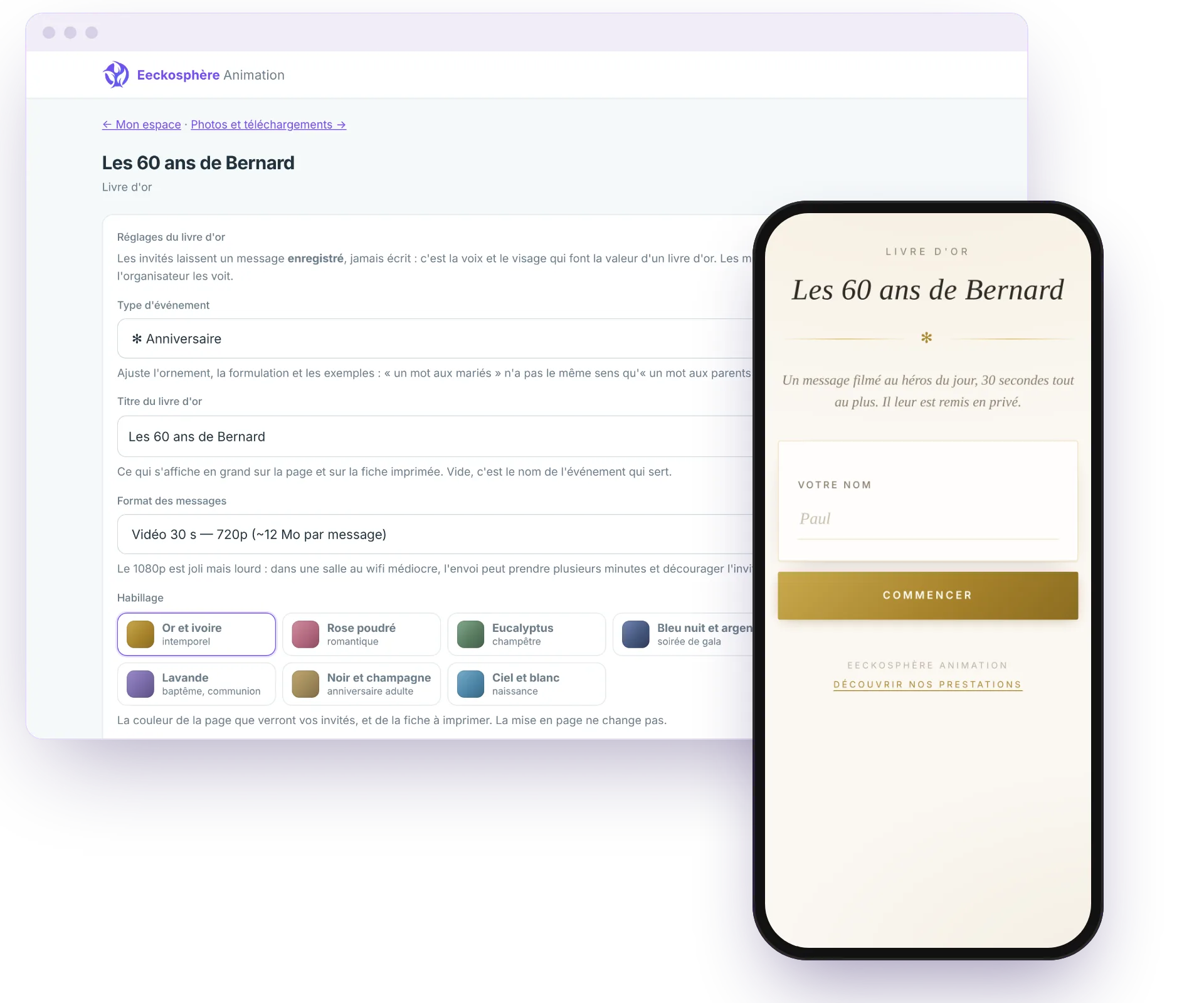 La console du livre d'or et la page d'accueil vue par l'invité sur un téléphone