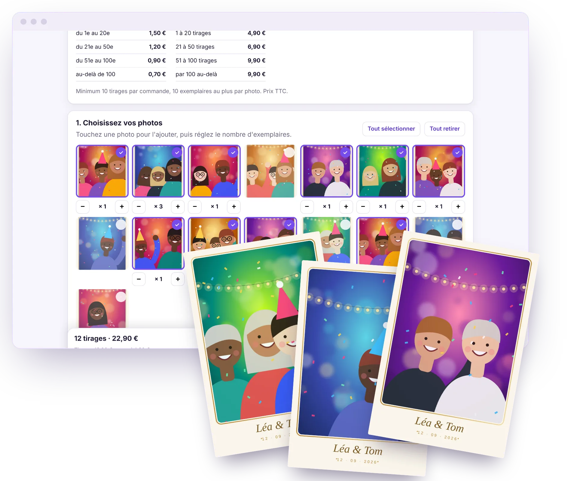 La page de commande avec la sélection des photos, et trois tirages imprimés posés devant