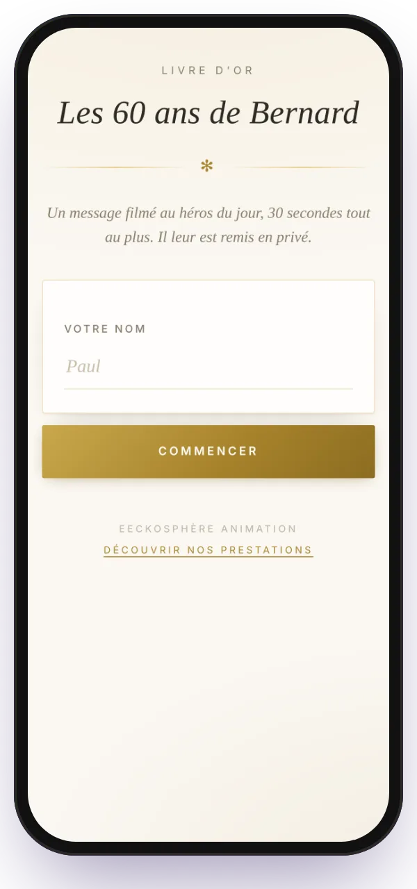La page d'accueil du livre d'or vue par l'invité