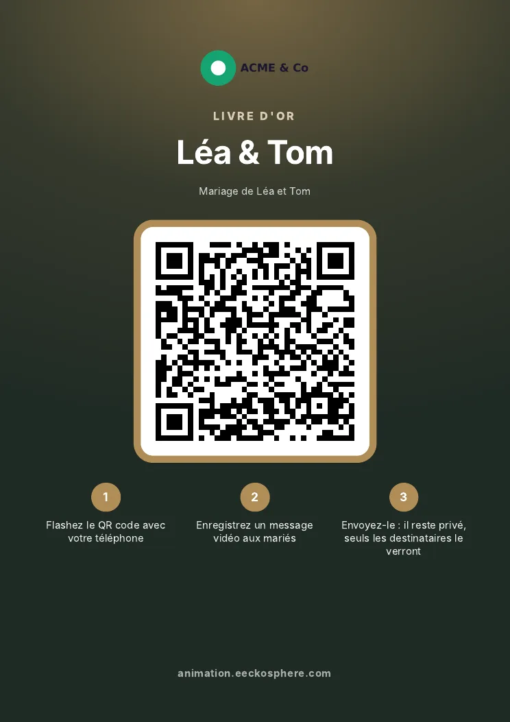Une affiche A4 de livre d'or, aux couleurs or et vert foncé, avec le logo de l'organisateur