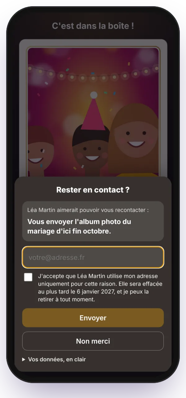 La demande d'e-mail affichée à l'invité, avec la raison de l'organisateur et la case d'accord