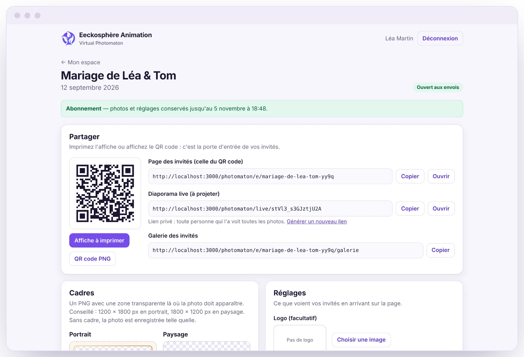 La page de l'organisateur : QR code, liens, cadres et réglages
