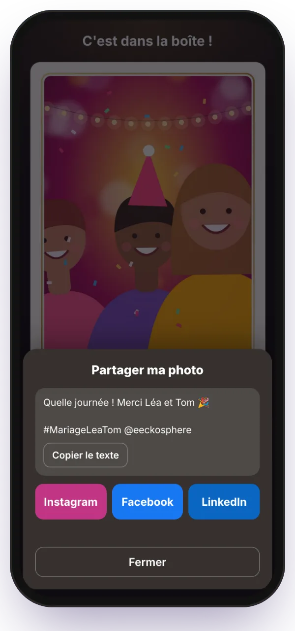 Le panneau de partage avec le texte de l'organisateur et les boutons Instagram, Facebook, LinkedIn